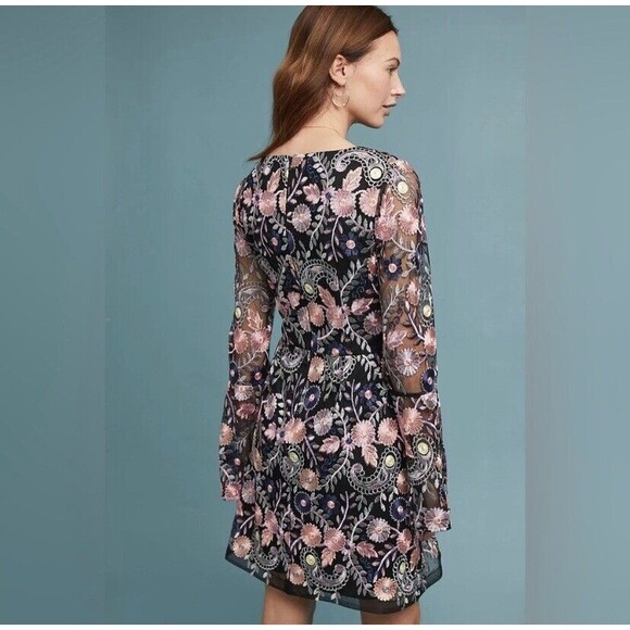 Anthropologie Dress ML Monique Lhuillier Embroidery Floral Bell Sleeve Roupell 0 - Picture 11 of 16